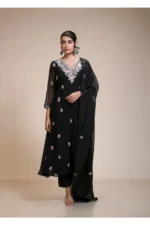 Black Embroidered Organza Kurta Set with Pastel Floral Embroidery