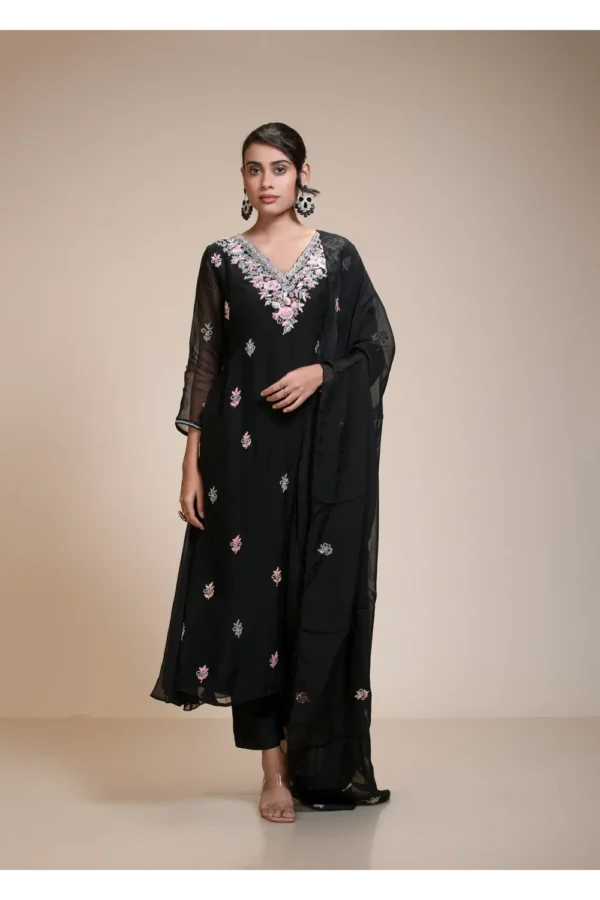 Black Embroidered Organza Kurta Set with Pastel Floral Embroidery