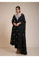 Black Embroidered Organza Kurta Set with Pastel Floral Embroidery