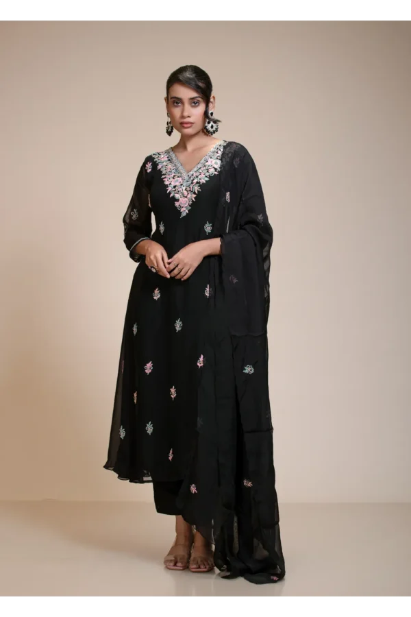 Black Embroidered Organza Kurta Set with Pastel Floral Embroidery