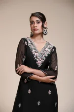Black Embroidered Organza Kurta Set with Pastel Floral Embroidery