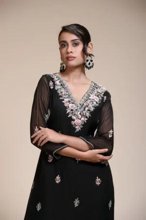 Black Embroidered Organza Kurta Set with Pastel Floral Embroidery