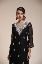 Black Embroidered Organza Kurta Set with Pastel Floral Embroidery