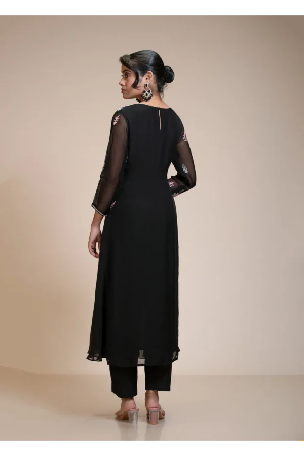 Black Embroidered Organza Kurta Set with Pastel Floral Embroidery