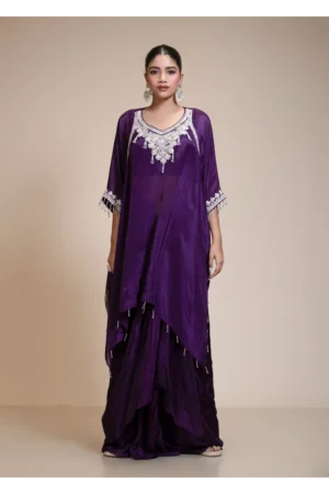 A full-length front view of the Purple Kaftan Dhoti Set featuring Salma-Dabka hand embroidery and airy organza dhoti pants.