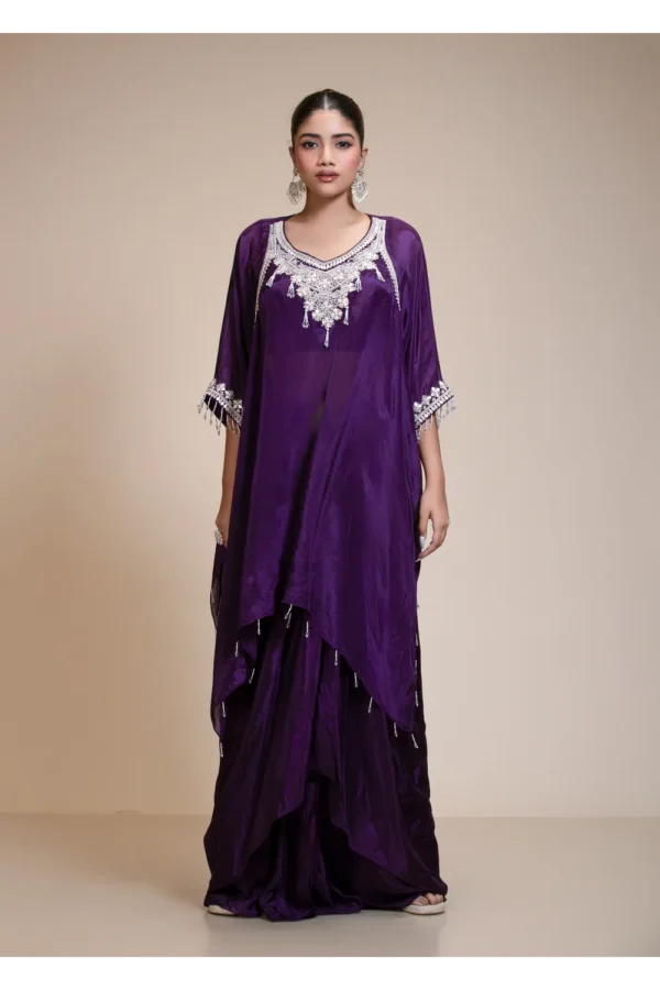 Purple Kaftan Dhoti Set with Hand-Embroidered Salma-Dabka Work
