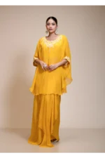 Mustard Yellow Kaftan Tunic & Hand-Embroidered Dhoti Ensemble