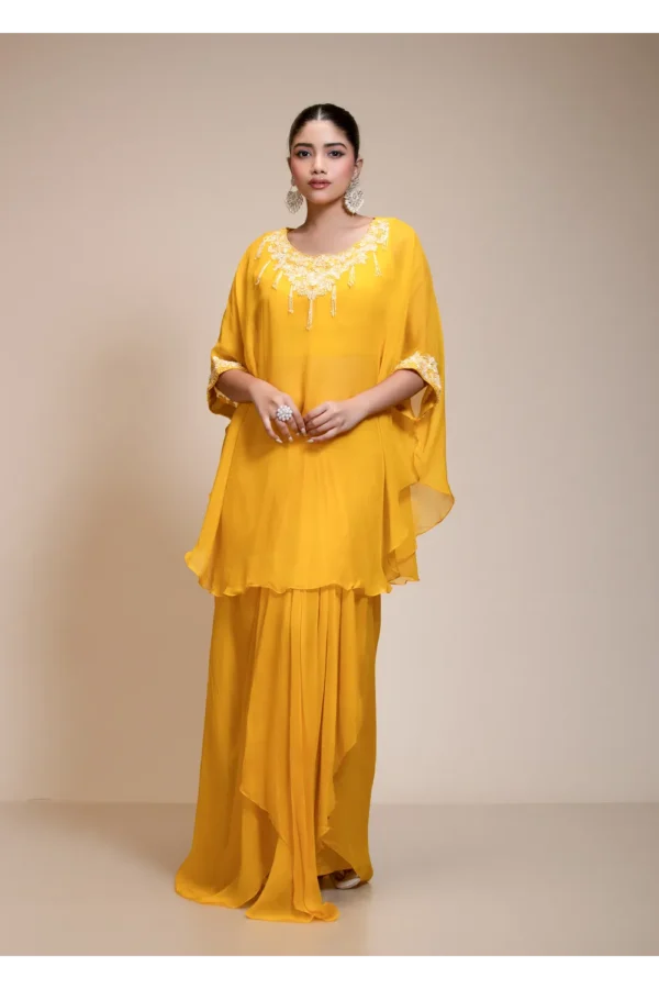 Mustard Yellow Kaftan Tunic & Hand-Embroidered Dhoti Ensemble