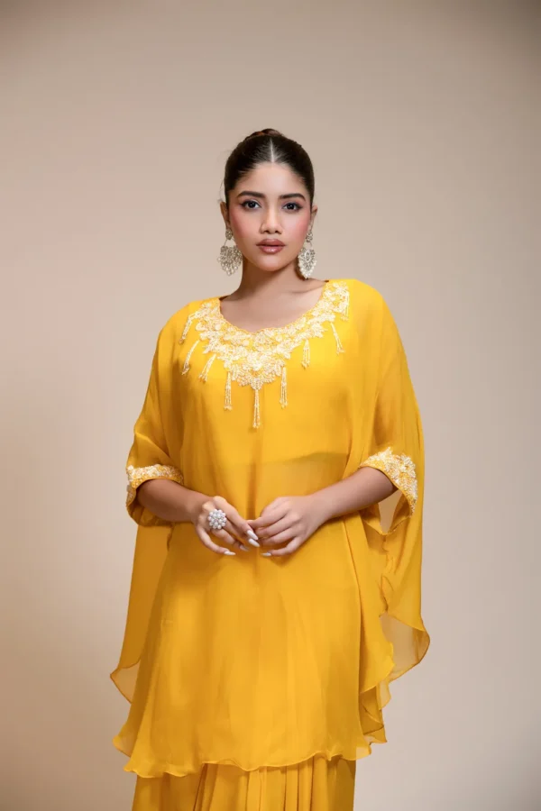 Mustard Yellow Kaftan Tunic & Hand-Embroidered Dhoti Ensemble