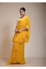 Mustard Yellow Kaftan Tunic & Hand-Embroidered Dhoti Ensemble
