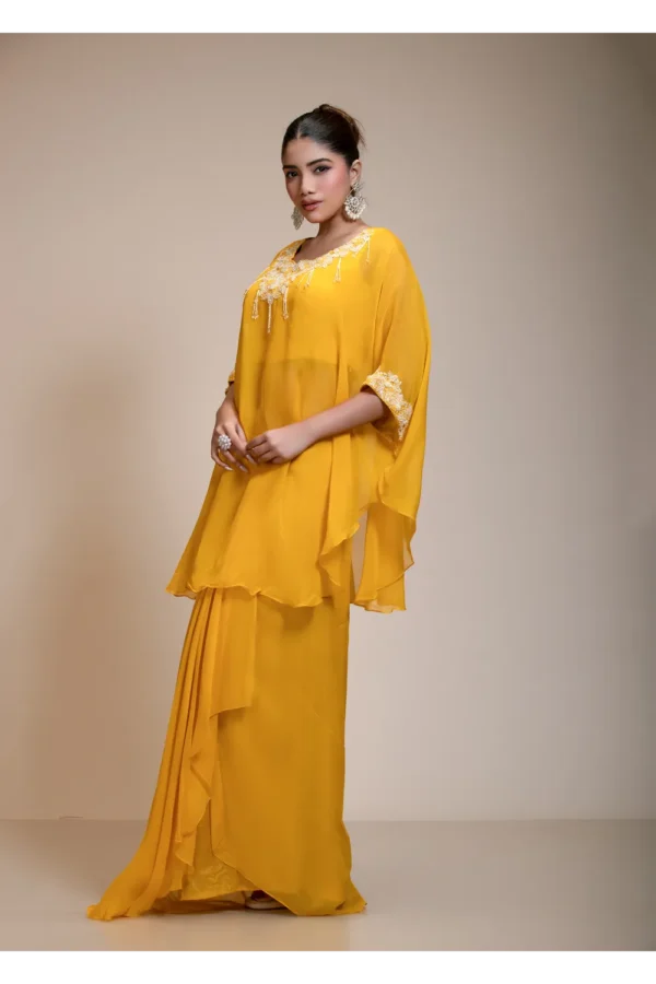 Mustard Yellow Kaftan Tunic & Hand-Embroidered Dhoti Ensemble