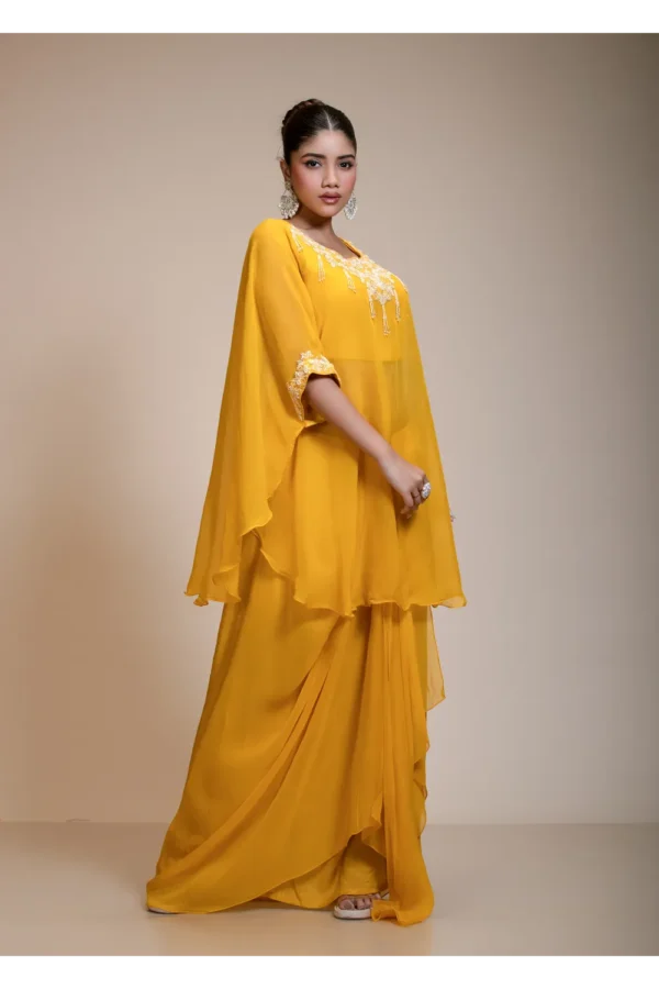 Mustard Yellow Kaftan Tunic & Hand-Embroidered Dhoti Ensemble