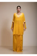 Mustard Yellow Kaftan Tunic & Hand-Embroidered Dhoti Ensemble