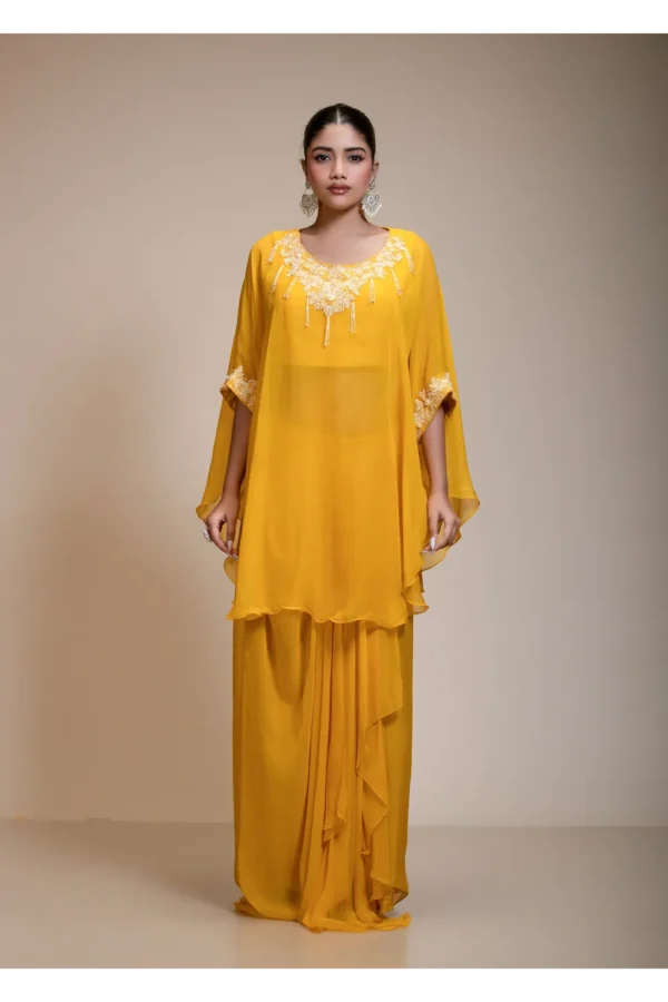 Mustard Yellow Kaftan Tunic & Hand-Embroidered Dhoti Ensemble