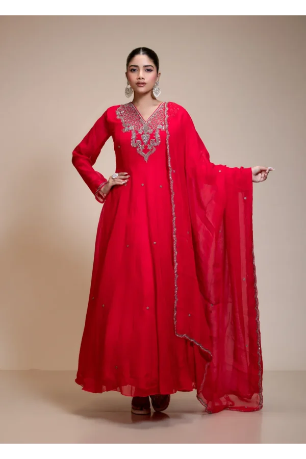 Red Organza Anarkali with Heavily Embroidered Yoke