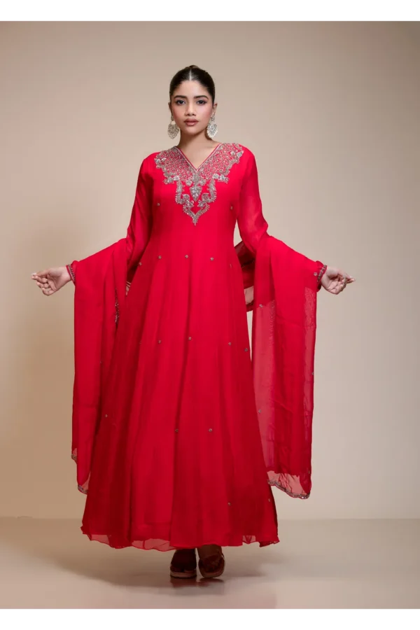 Red Organza Anarkali with Heavily Embroidered Yoke
