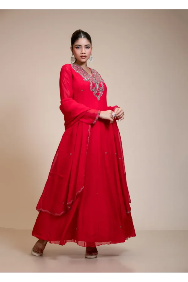 Red Organza Anarkali with Heavily Embroidered Yoke