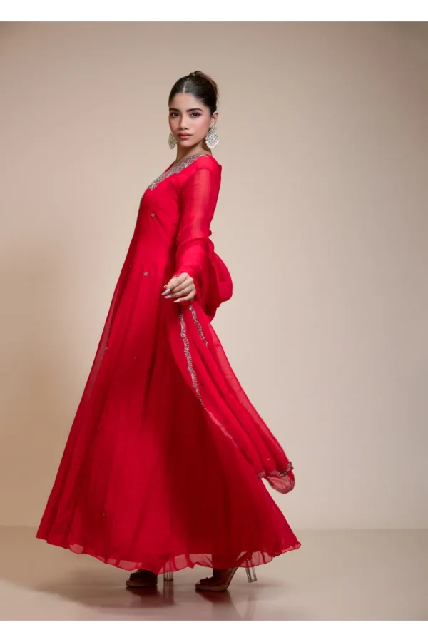 Red Organza Anarkali with Heavily Embroidered Yoke