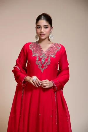 Red Organza Anarkali with Heavily Embroidered Yoke