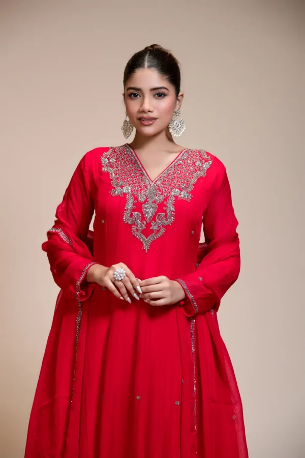 Red Organza Anarkali with Heavily Embroidered Yoke