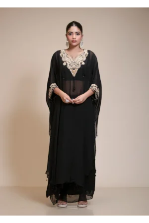 A full-length front view of the Black Kaftan Dhoti Set featuring golden Salma-Dabka embroidery on a black organza kaftan and dhoti pants.