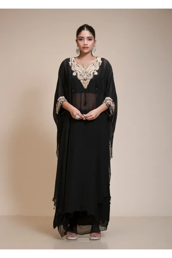 Black Kaaftaan Tunic with Dhoti Set in Embroidered Organza