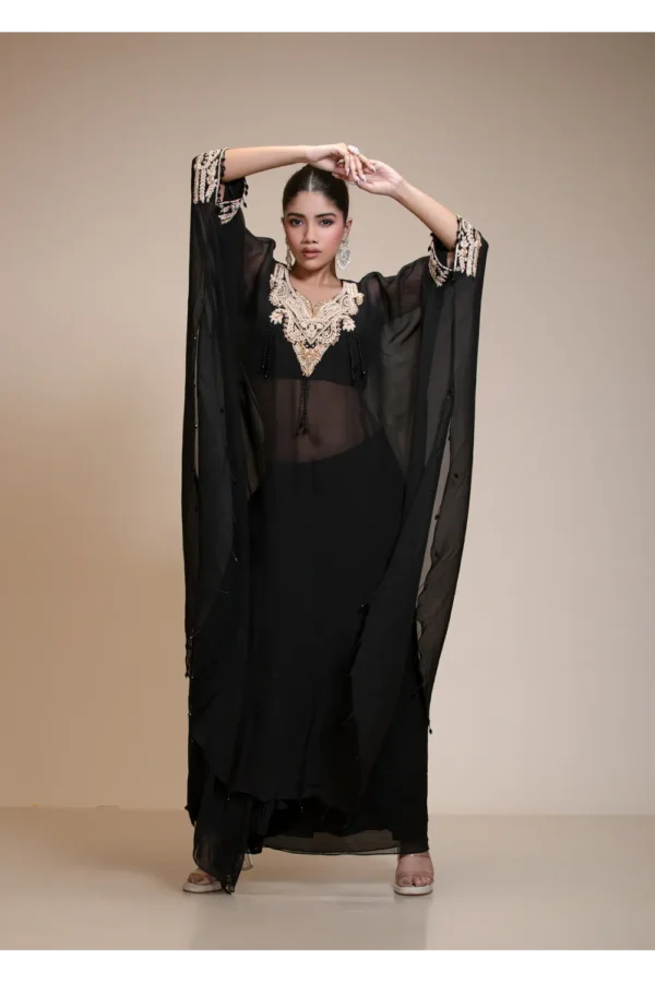 Black Kaaftaan Tunic with Dhoti Set in Embroidered Organza