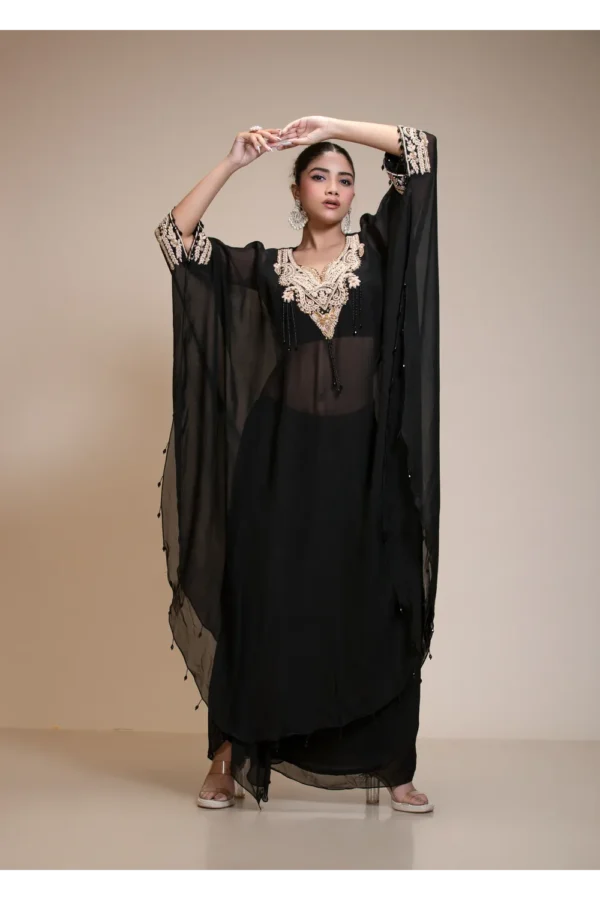 Black Kaaftaan Tunic with Dhoti Set in Embroidered Organza