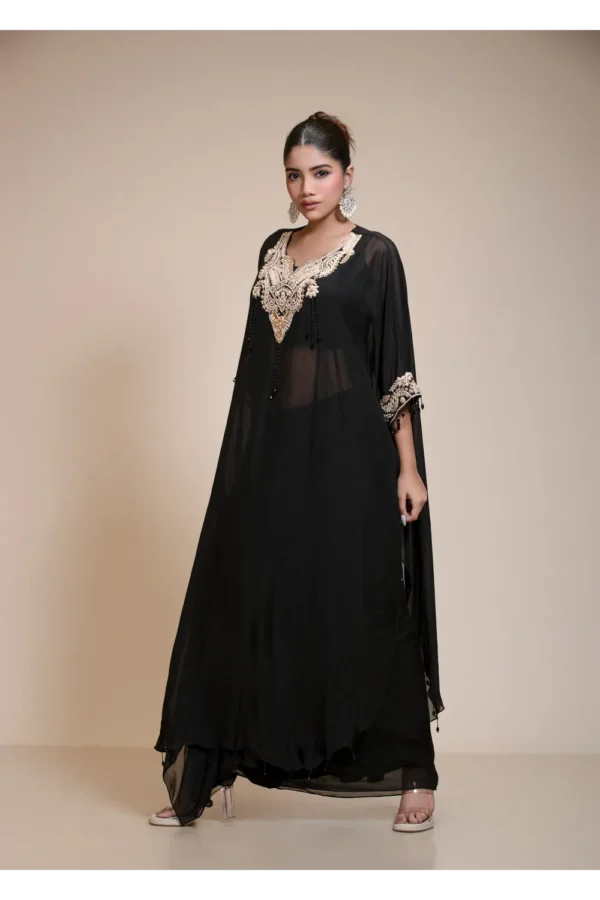 Black Kaaftaan Tunic with Dhoti Set in Embroidered Organza