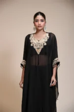 Black Kaaftaan Tunic with Dhoti Set in Embroidered Organza