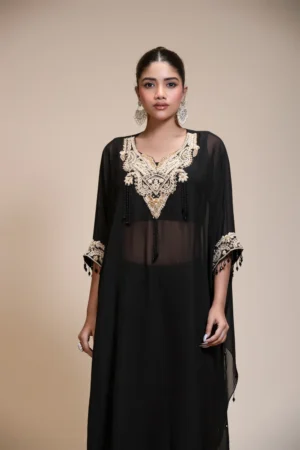 Black Kaaftaan Tunic with Dhoti Set in Embroidered Organza