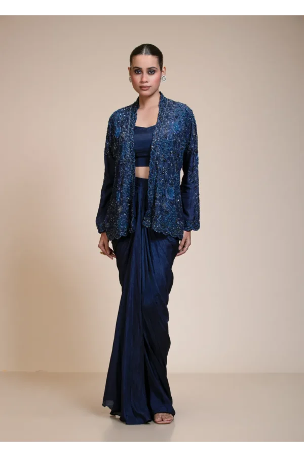 Midnight Blue Dhoti Set with Heavily Embellished Dola Silk Jacket