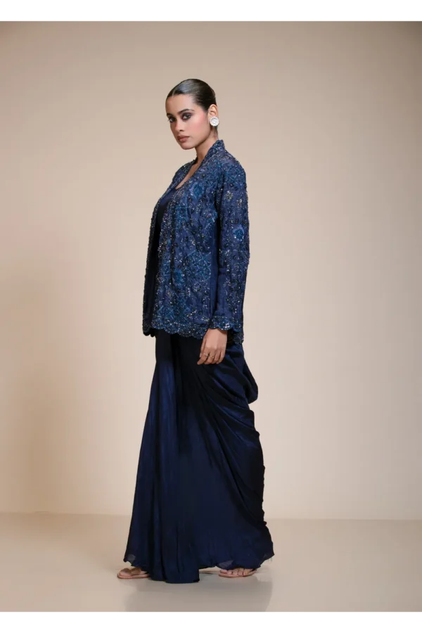 Midnight Blue Dhoti Set with Heavily Embellished Dola Silk Jacket