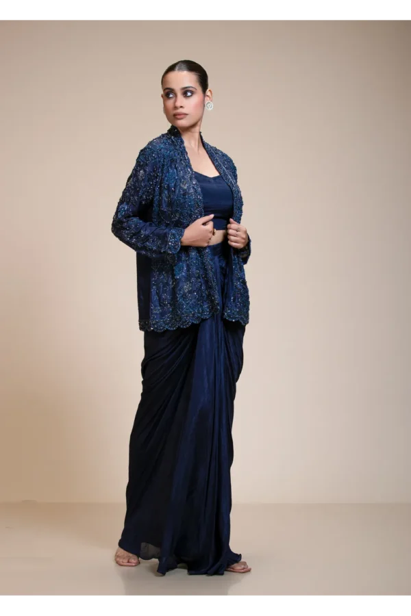Midnight Blue Dhoti Set with Heavily Embellished Dola Silk Jacket