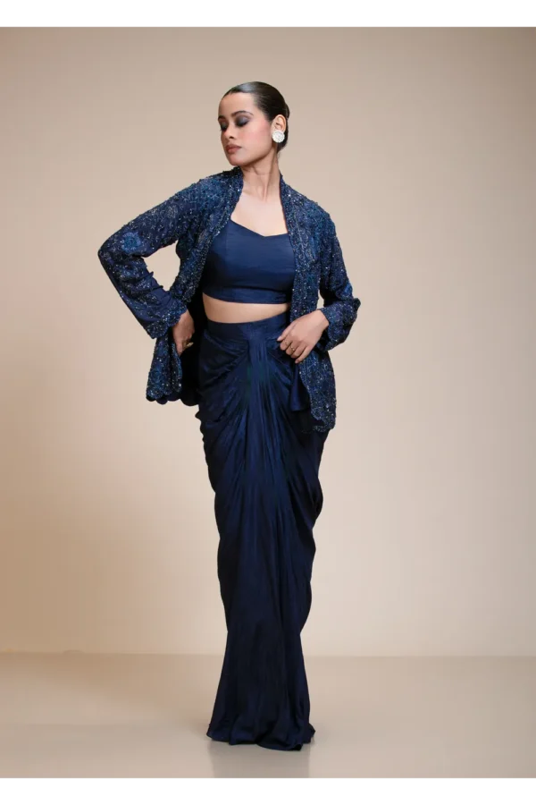 Midnight Blue Dhoti Set with Heavily Embellished Dola Silk Jacket