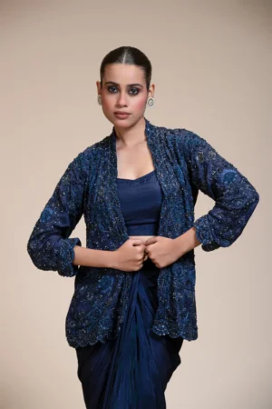 Midnight Blue Dhoti Set with Heavily Embellished Dola Silk Jacket
