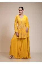 Mustard Yellow Peplum Kurti Sharara Dupatta Set with Hand Embroidery