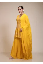 Mustard Yellow Peplum Kurti Sharara Dupatta Set with Hand Embroidery