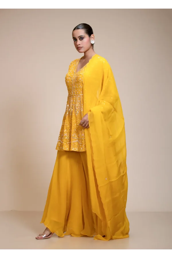 Mustard Yellow Peplum Kurti Sharara Dupatta Set with Hand Embroidery