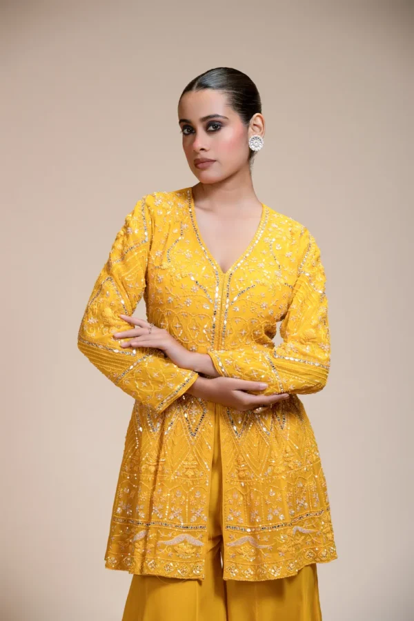 Mustard Yellow Peplum Kurti Sharara Dupatta Set with Hand Embroidery