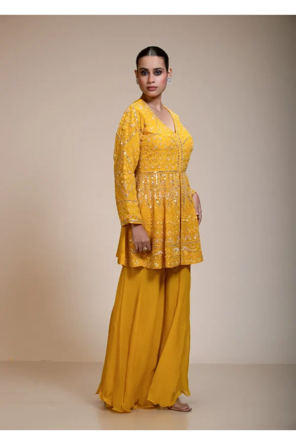 Mustard Yellow Peplum Kurti Sharara Dupatta Set with Hand Embroidery