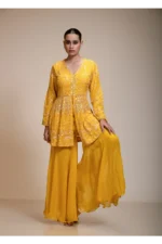 Mustard Yellow Peplum Kurti Sharara Dupatta Set with Hand Embroidery