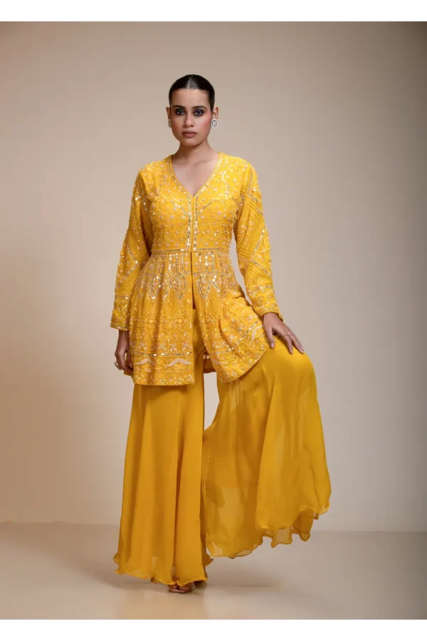 Mustard Yellow Peplum Kurti Sharara Dupatta Set with Hand Embroidery