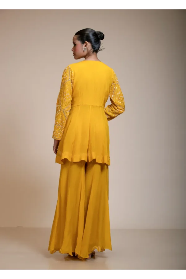 Mustard Yellow Peplum Kurti Sharara Dupatta Set with Hand Embroidery