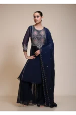 Midnight Blue Kurta Sharara Set with Silver Embroidered Bodice