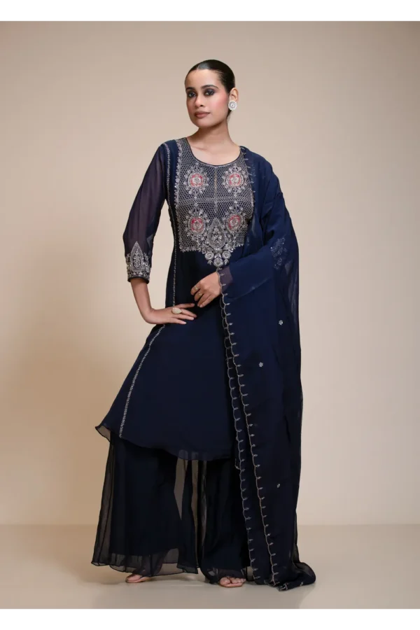 Midnight Blue Kurta Sharara Set with Silver Embroidered Bodice