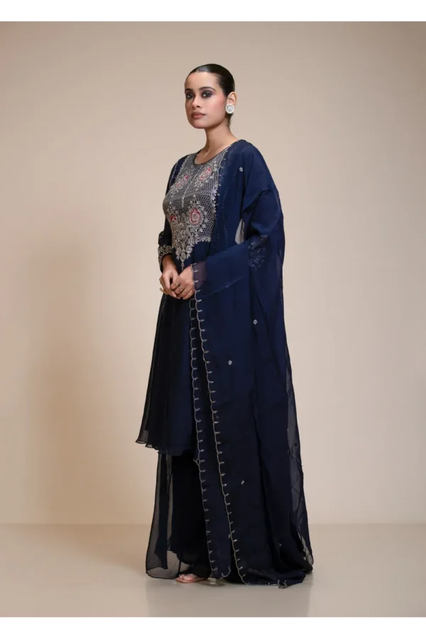 Midnight Blue Kurta Sharara Set with Silver Embroidered Bodice