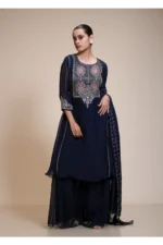Midnight Blue Kurta Sharara Set with Silver Embroidered Bodice