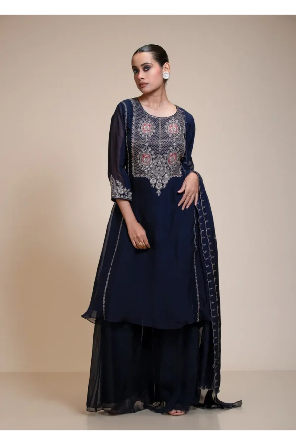 Midnight Blue Kurta Sharara Set with Silver Embroidered Bodice