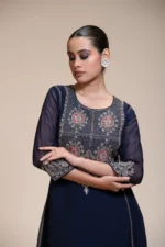 Midnight Blue Kurta Sharara Set with Silver Embroidered Bodice
